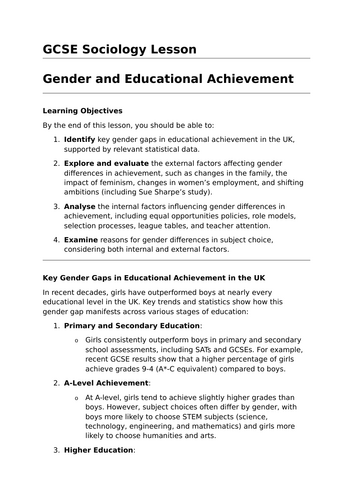 Gender and Educational Achievement - GCSE Sociology Lesson