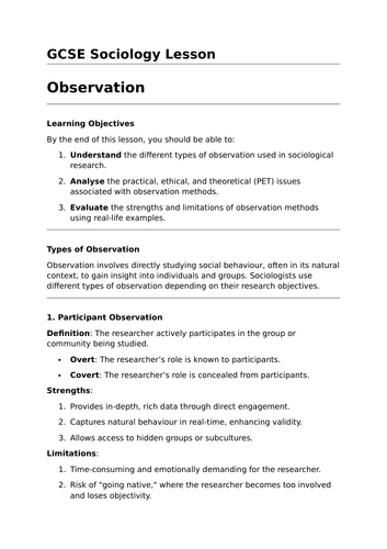 Observations - GCSE Sociology Lesson