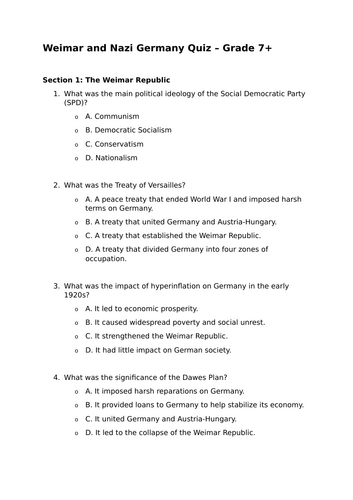 EDEXCEL GCSE Weimar and Nazi Germany Quiz – Grade 7+ | Teaching Resources