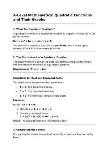 Quadratic Functions and their Graphs - A-Level Mathematics Lesson