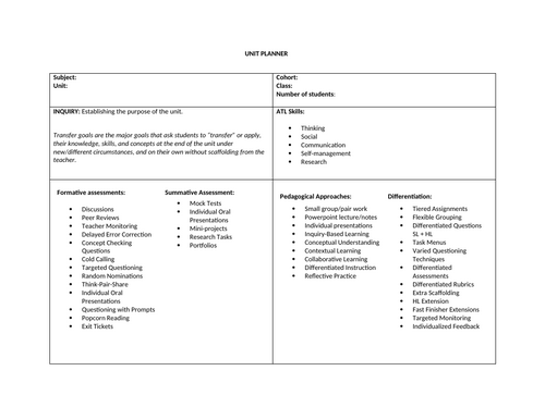 IBDP Lesson Unit Planning Template Teaching Resources