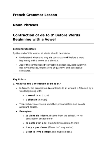 Contraction of 'De' - GCSE French Grammar Lesson