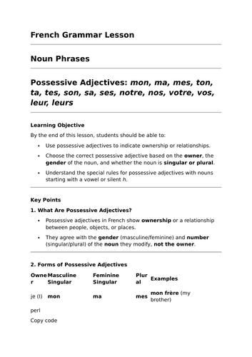 Possessive Adjectives - GCSE French Grammar Lesson