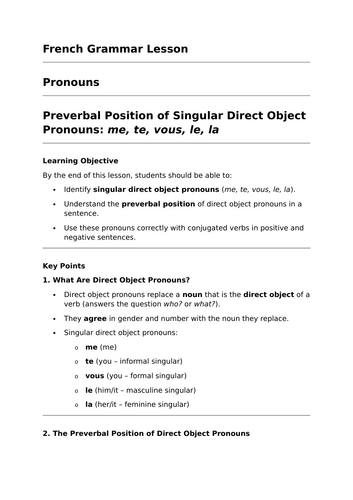 Singular Direct Object Pronouns - GCSE French Grammar Lesson