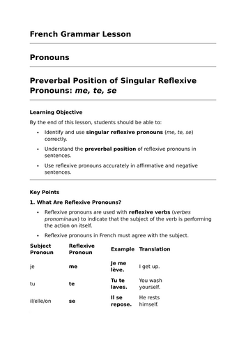 Singular Reflexive Pronouns - GCSE French Grammar Lesson