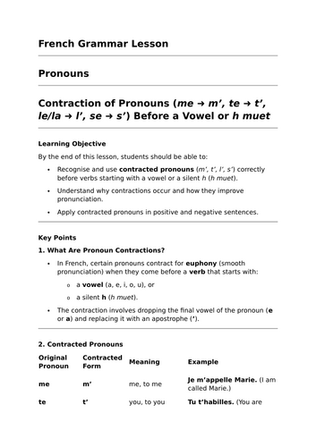 Contraction of Pronouns - GCSE French Grammar Lesson