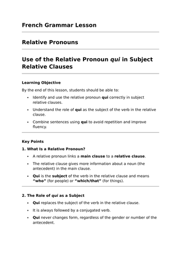 Relative Pronoun 'Qui' - GCSE French Grammar Lesson