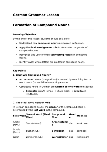 Formation of Compound Nouns - GCSE German Grammar Lesson