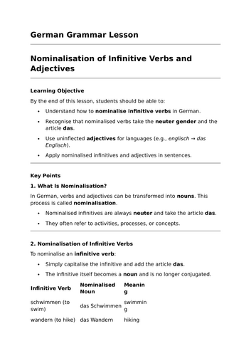 Nominalisation of Infinitive Verbs and Adjectives - GCSE German Grammar Lesson