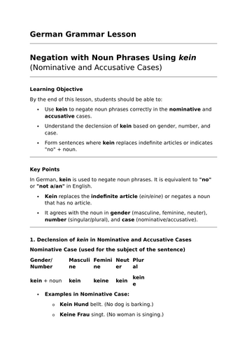 Negation with 'Kein' - GCSE German Grammar Lesson