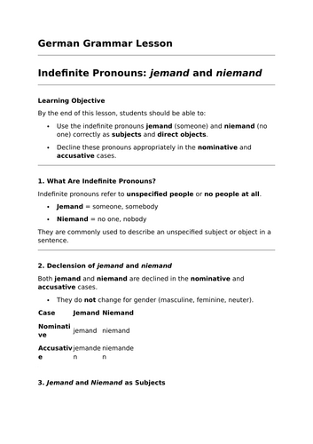 Indefinite Pronouns - GCSE German Grammar Lesson