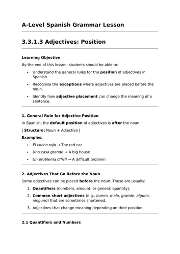 Adjectives: Position - A-Level Spanish Lesson