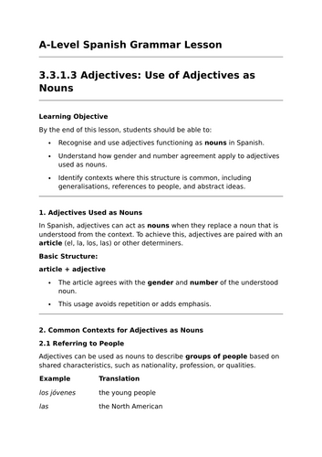 Use of Adjectives as Nouns - A-Level Spanish Grammar