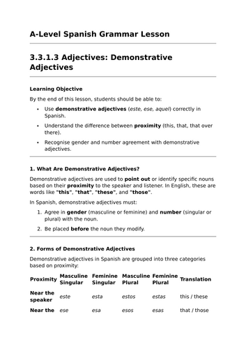 Demonstrative Adjectives - A-Level Spanish Grammar