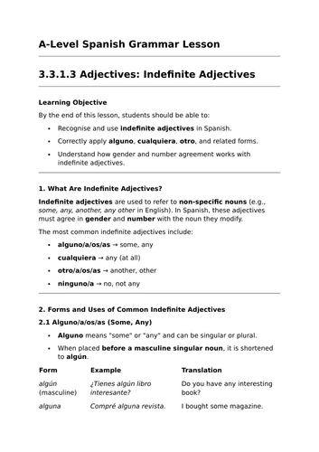 Indefinite Adjectives - A-Level Spanish Grammar