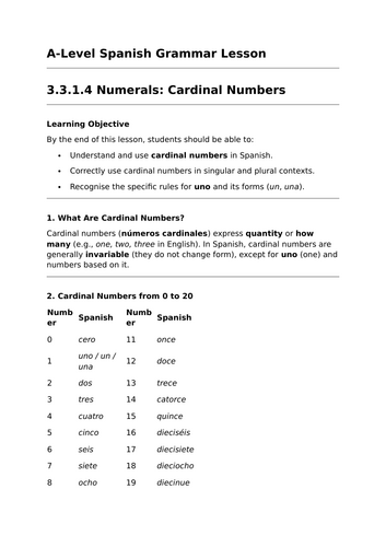 Cardinal Numbers - A-Level Spanish Grammar