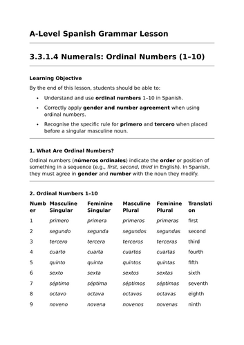 Ordinal Numbers - A-Level Spanish Grammar