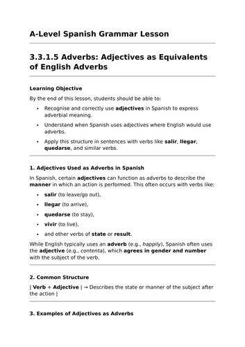 Adjectives as Equivalents of Adverbs - A-Level Spanish Grammar