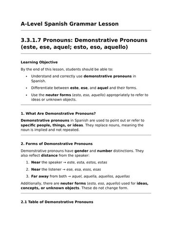 Demonstrative Pronouns - A-Level Spanish Grammar