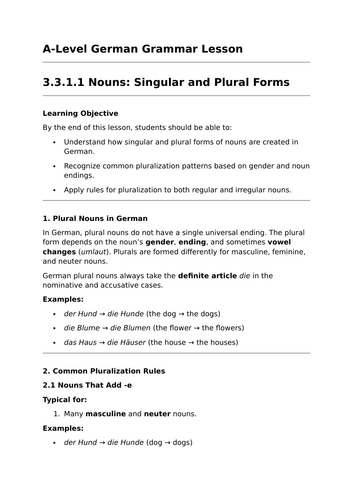 Singular and Plural Nouns - A-Level German Grammar