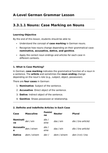 Case Markings on Nouns - A-Level German Grammar