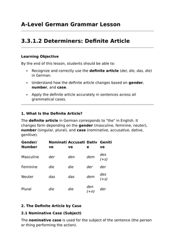 Definite Articles - A-Level German Grammar