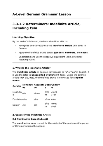 Indefinite Articles - A-Level German Grammar