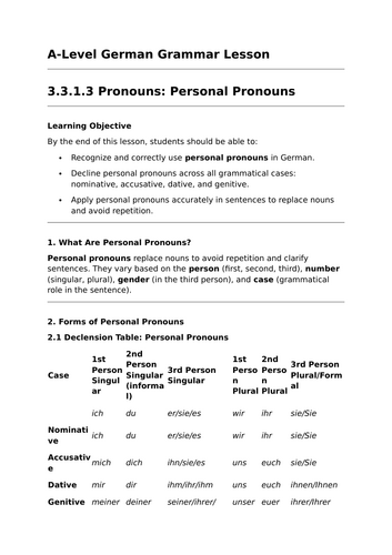 Personal Pronouns - A-Level German Grammar