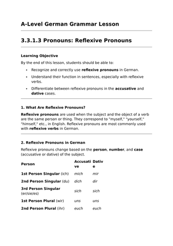 Reflexive Pronouns - A-Level German Grammar