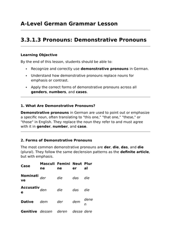 Demonstrative Pronouns - A-Level German Grammar