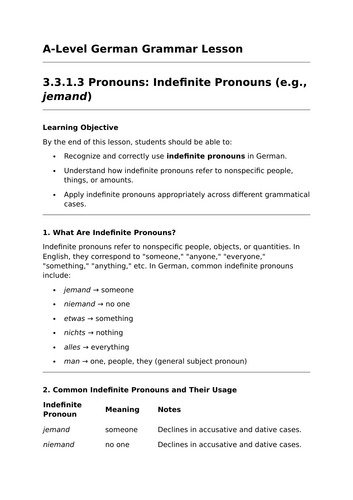 Indefinite Pronouns - A-Level German Grammar