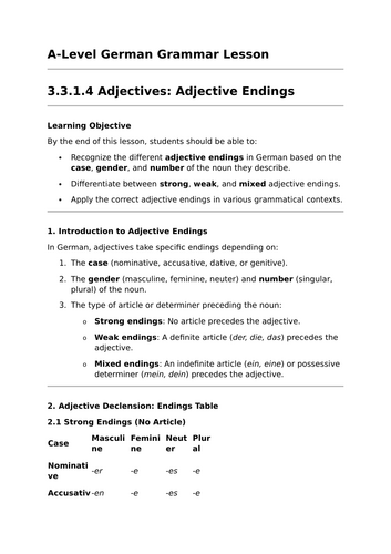 Adjective Endings - A-Level German Grammar