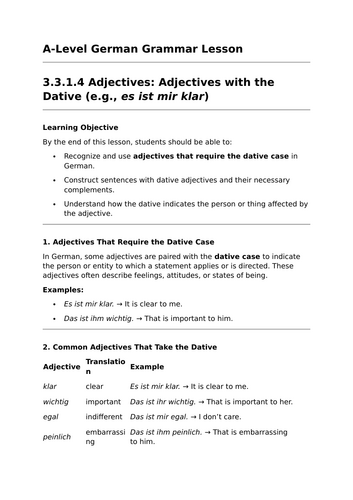 Adjectives with the Dative - A-Level German Grammar