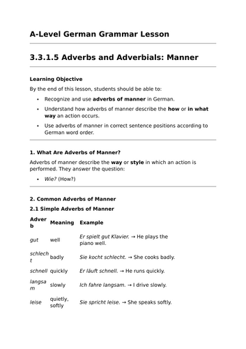 Adverbs of Manner - A-Level German Grammar