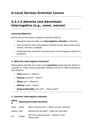 Interrogative Adverbs - A-Level German Grammar