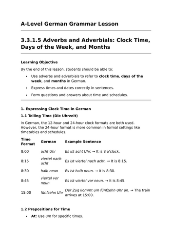 Adverbs of Time, Day, and Month - A-Level German Grammar