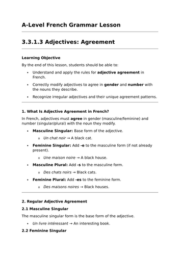 Adjective Agreement - A-Level French Grammar