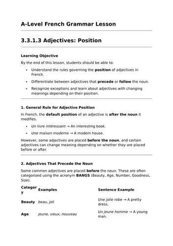 Adjective Positions - A-Level French Grammar