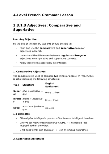 Comparative and Superlative Adjectives - A-Level French Grammar