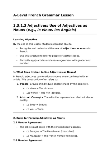 Use of Adjectives as Nouns - A-Level French Grammar