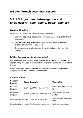 Interrogative and Exclamatory Adjectives - A-Level French Grammar