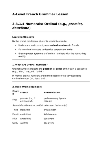 Ordinal Numbers - A-Level French Grammar