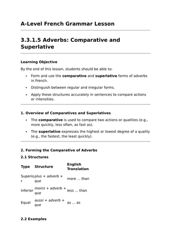 Comparative and Superlative Adverbs - A-Level French Grammar