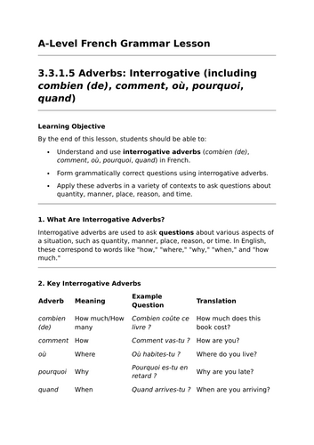 Interrogative Adverbs - A-Level French Grammar