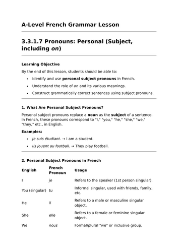 Personal Pronouns - A-Level French Grammar