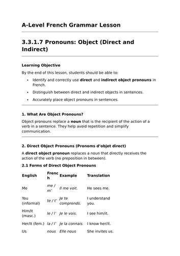 Object Pronouns - A-Level French Grammar