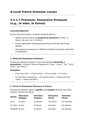 Possessive Pronouns - A-Level French Grammar