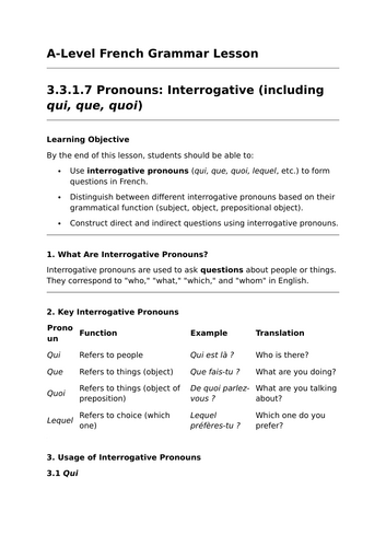 Interrogative Pronouns - A-Level French Grammar