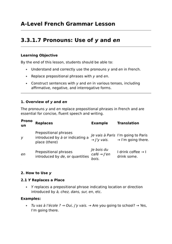 Use of 'Y' and 'En' - A-Level French Grammar