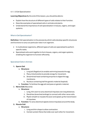 Cell specialisation - GCSE Biology